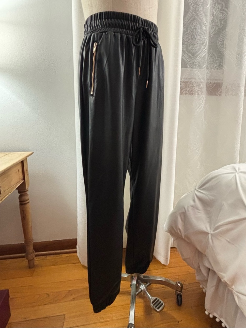 Ci Sono Black Faux-Leather Jogger Pants with Gold Zippers
